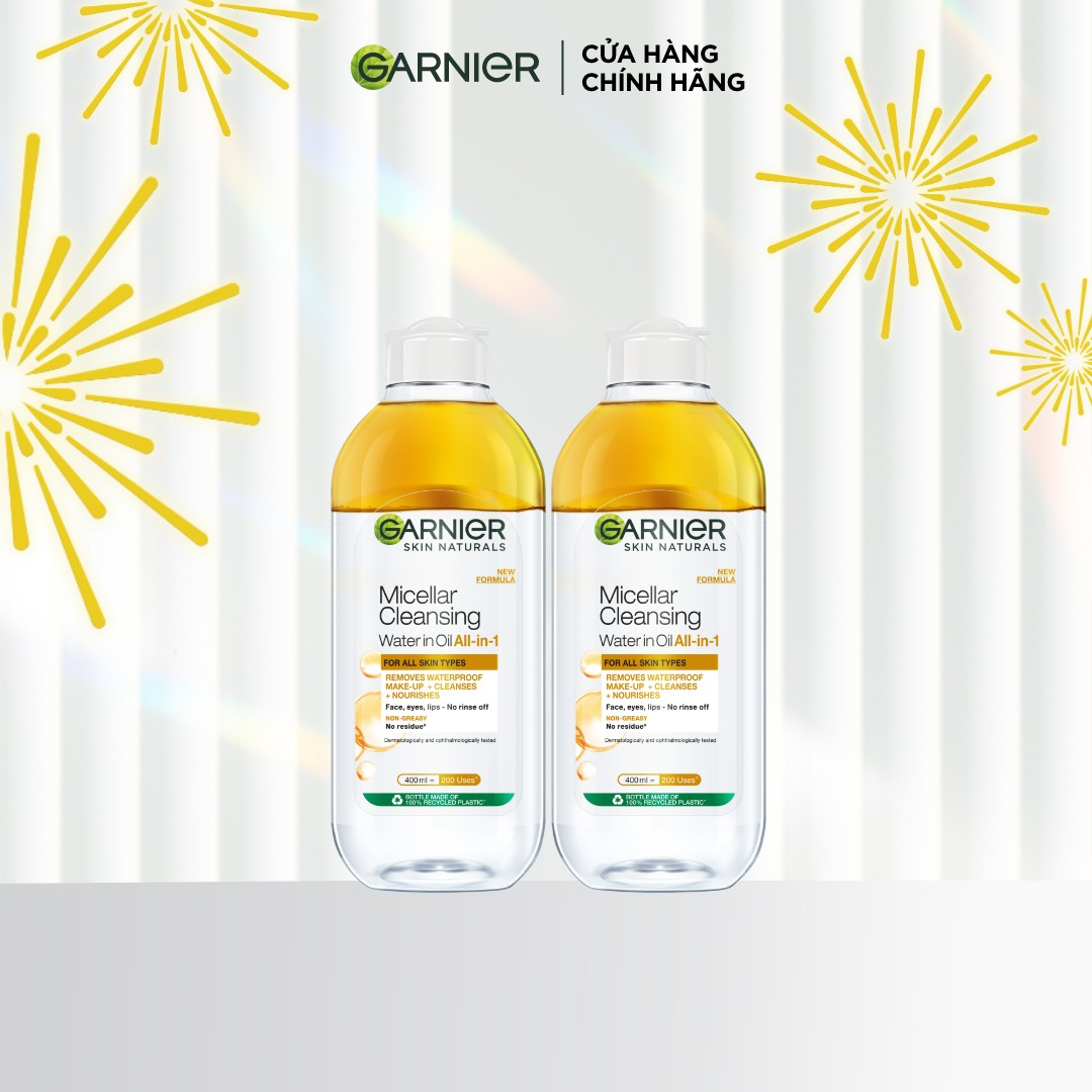 Bộ 2 nước tẩy trang làm sạch sâu dịu nhẹ  dưỡng ẩm chiết xuất tinh dầu Argan, cho da khô và da nhạy cảm- Garnier Micellar Water Bi Phase 400ml -Kitting