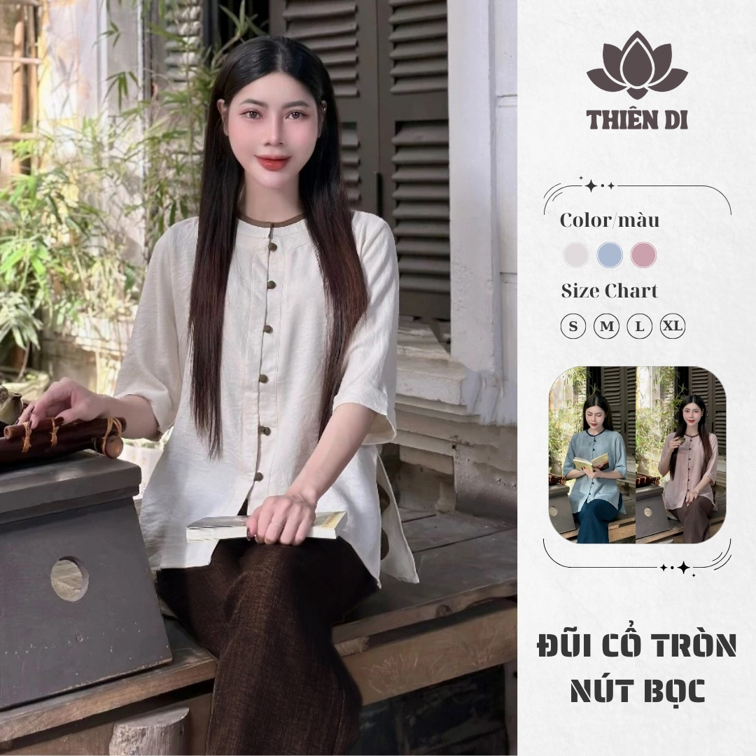 Bộ đồ lam đi chùa nữ đẹp, quần áo đi chùa phối nút Thiên Di pháp phục lễ phật chất vải đũi vân D41