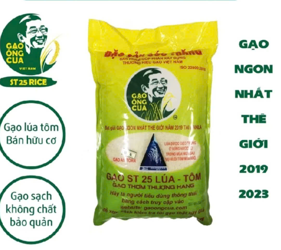 Gạo ST25 Ông Cua Lúa Tôm - Túi 5kg -  hàng Chính hãng, có tem quét mã QR -  cơm răt dẻo, thơm để nguội không bị khô, date luôn mới.