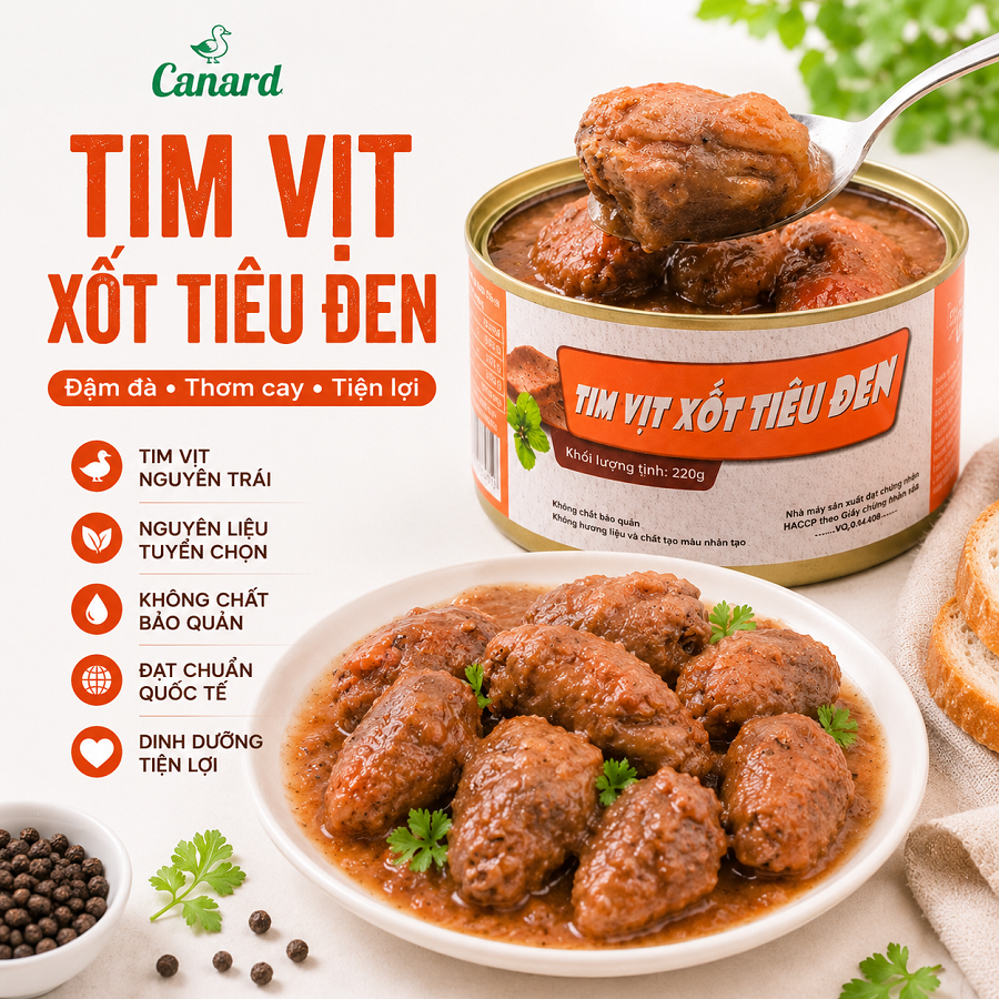 Tim Vịt Xốt Tiêu Đen Canard 220gr - Mở Nắp Dùng Ngay, Tim Vịt Đậm Đà, Dai Giòn, Xốt Tiêu Đen Cay Thơm, Không Chất Bảo Quản