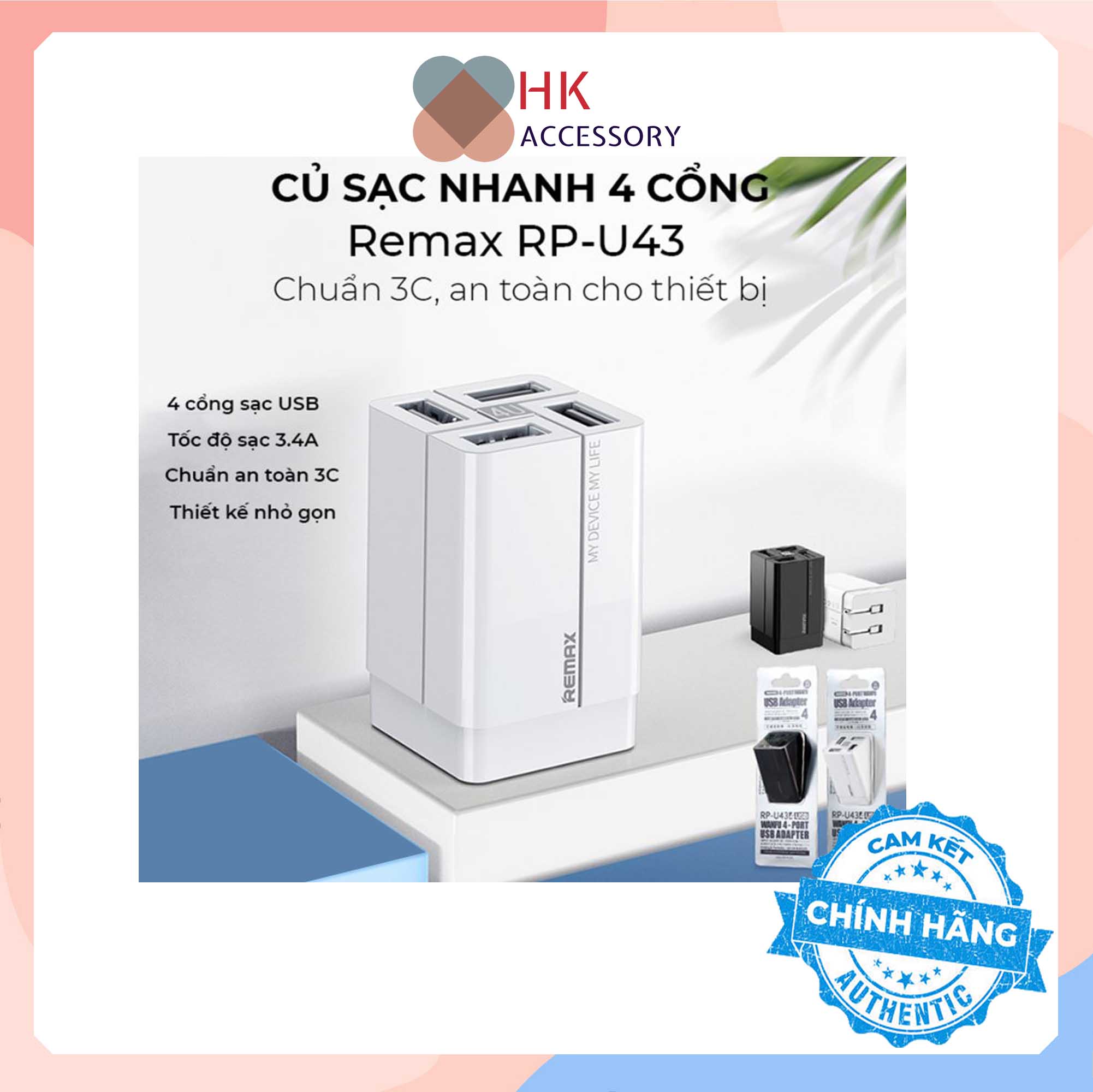 Củ sạc nhanh 4 cổng remax rp u43 hàng chính hãng