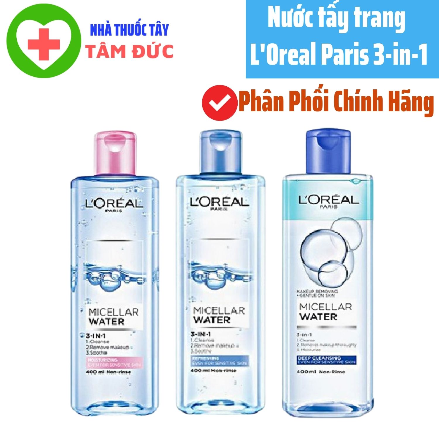[HCM]Nước tẩy trang LOreal Paris 3-in-1 Micellar Water sạch sâu 400ml