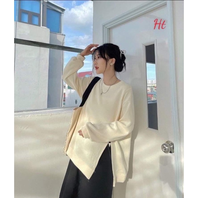 Áo nỉ xẻ tà lệch bên HT12 , Áo Nỉ From rộng, tay phồng, Chất nỉ mềm, không xù, ấm áp, mặc cho nam và nữ - Fani