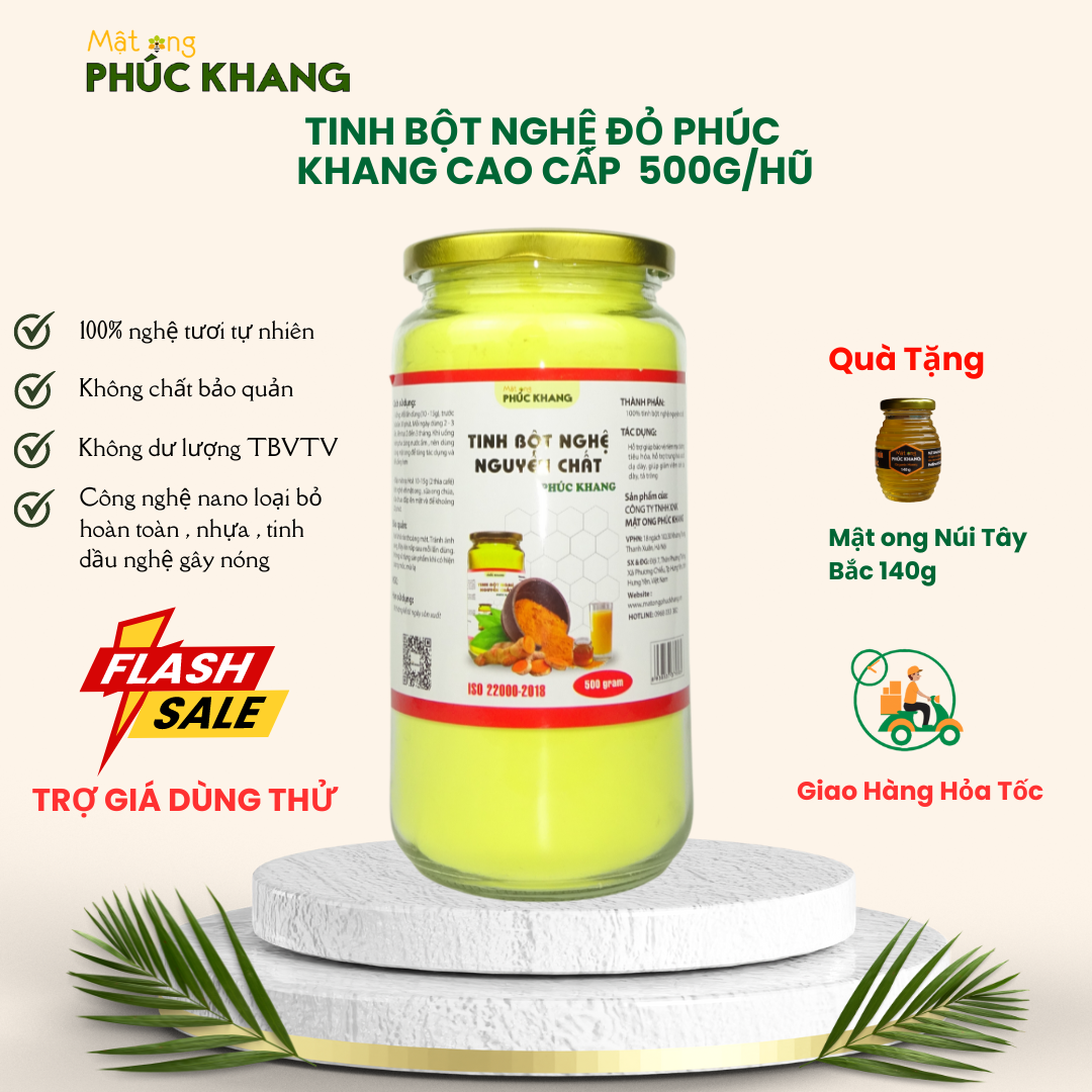 Tinh bột nghệ đỏ cao cấp phúc khang 500g/hũ - tinh bột nghệ nguyên chất, hàm lượng curcumin cao, làm đẹp, bảo vệ sức khỏe