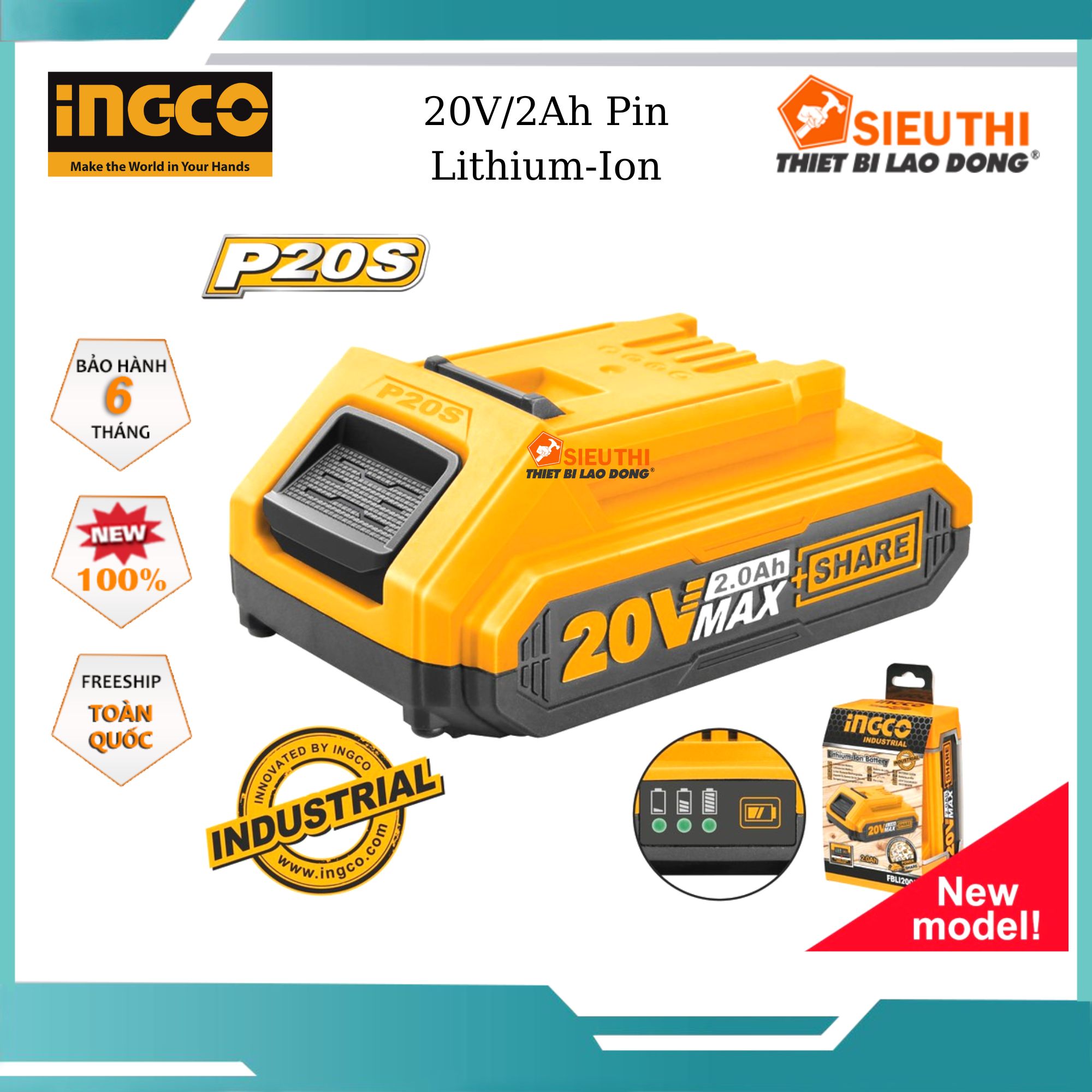 Pin lithium-ion ingco fbli20011 pin sạc lithium dung lượng pin 20v/2.0ah phù hợp nhiều loại máy ingco 20v, có đèn led