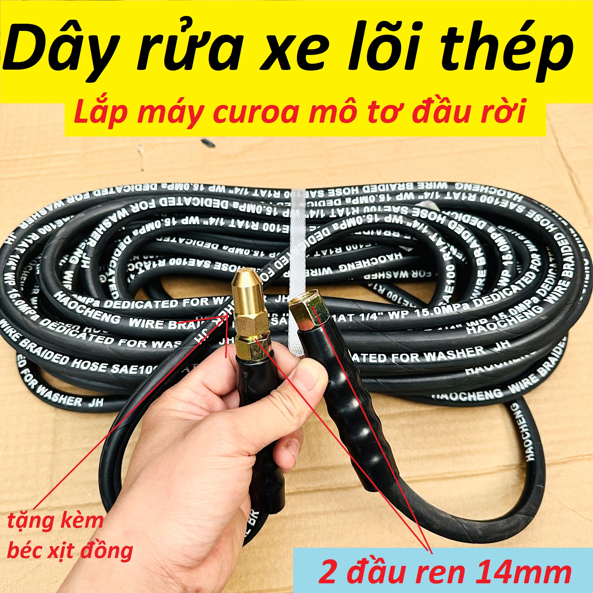 dây rửa xe, dây xịt rửa 10m,15m,20m chuyên sử dụng cho máy rửa xe culoa kéo áp lực cao 2 đầu ren 13mm