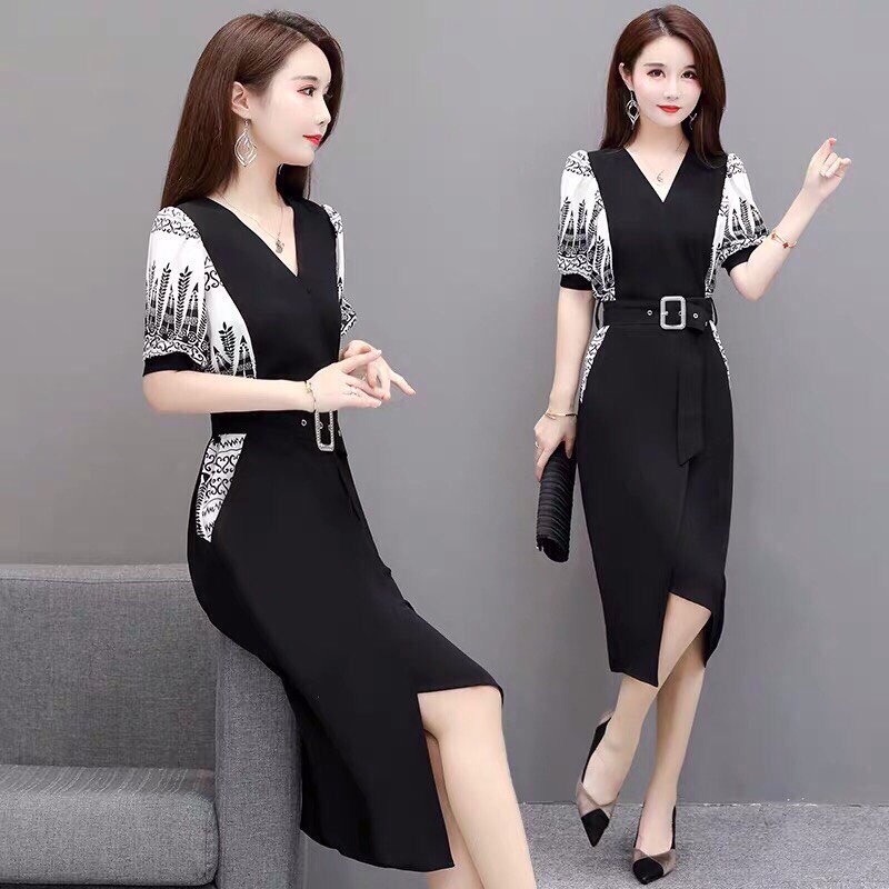 ĐẦM LỤA CỔ V TAY VOAN CAO CẤP . QC255733