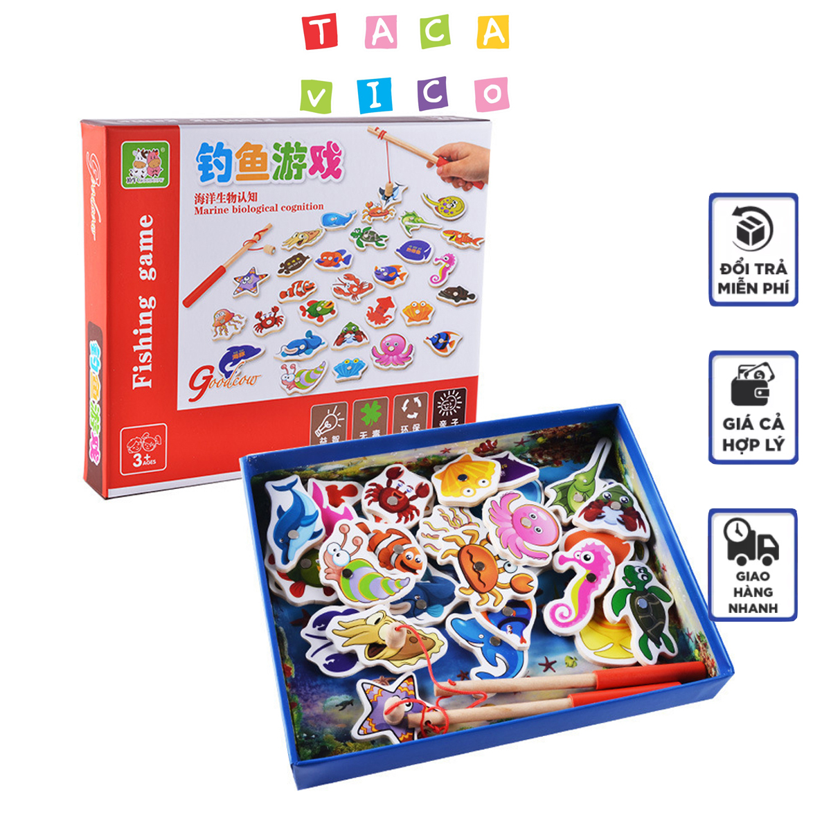 Đồ chơi câu cá nam châm 3D bằng gỗ an toàn cho bé-TACAVICO, câu cá 32 con 2 cần câu, đồ chơi gỗ thông minh, bộ đồ chơi câu cá, câu cá nam châm