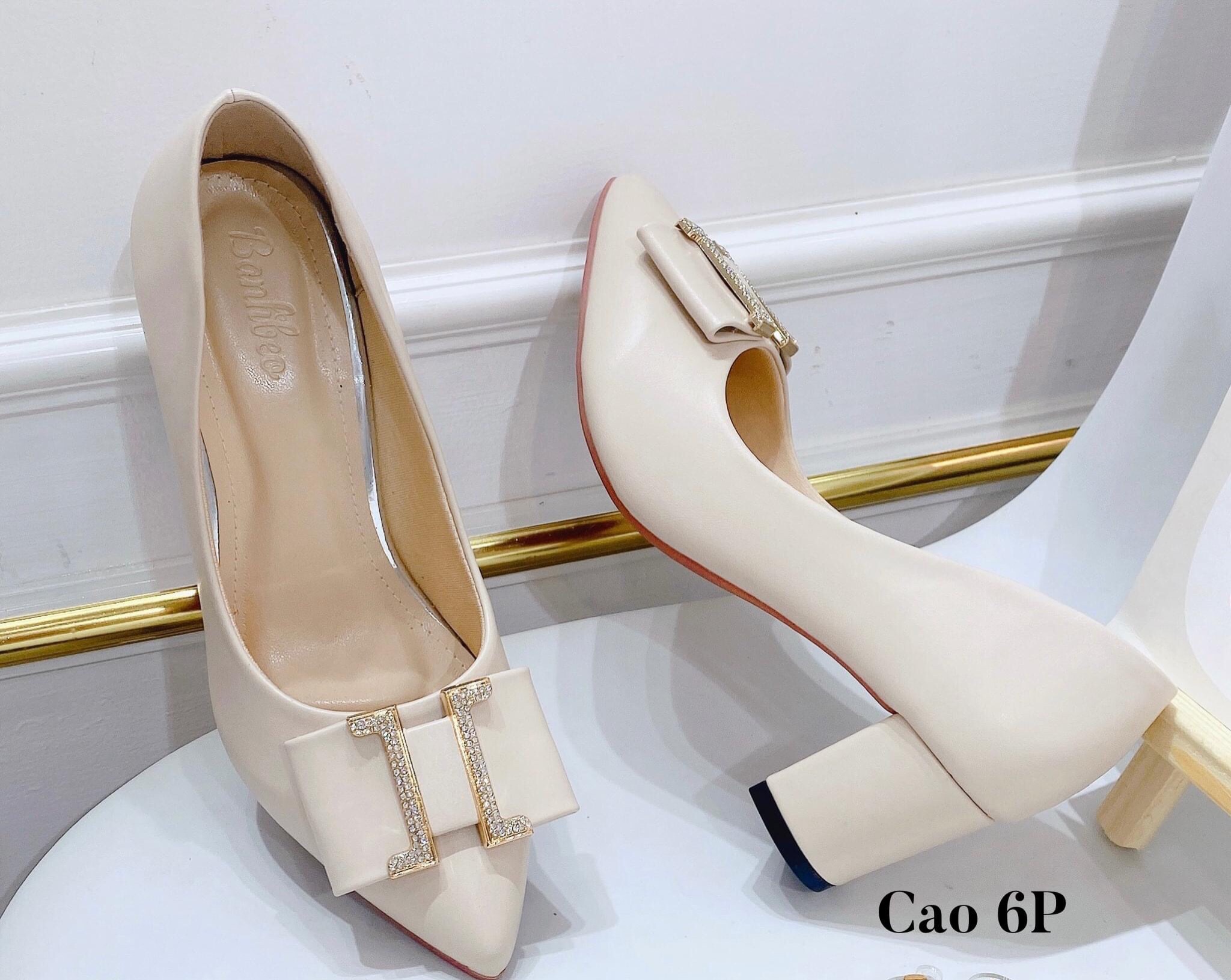 Giày búp bê cao gót khóa chữ H đế mềm chống trượt - cao 3 phân và 6 phân - có 3 màu Đen, Trắng, Nâu nhạt