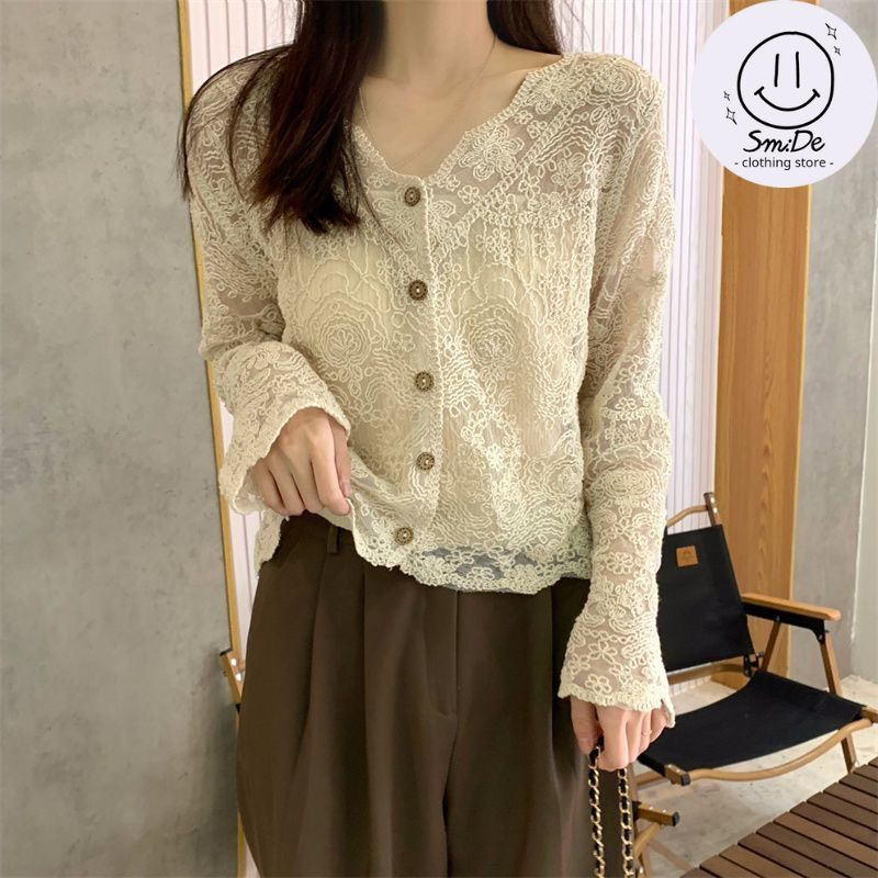 Áo khoác mỏng len móc phối ren cadigan tay dài cổ v cúc gỗ phối đồ style vintage phong cách hàn quốc hottrend