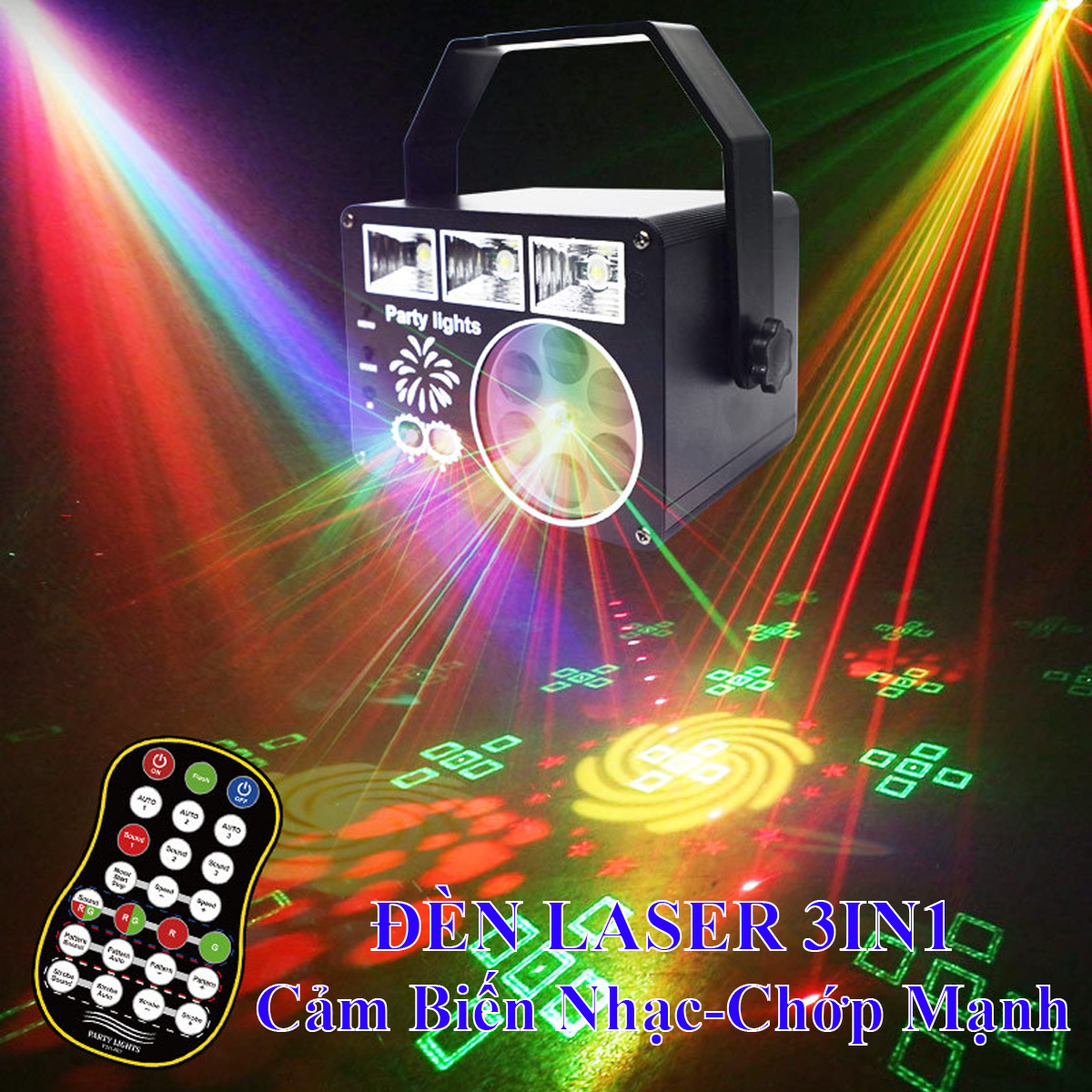 Đèn Chiếu Laser 3IN1 Cảm Biến Nhạc Tích Hợp 3 Mắt Chớp Trắng Cực Mạnh - Đèn Bay Phòng Đèn Chớp 