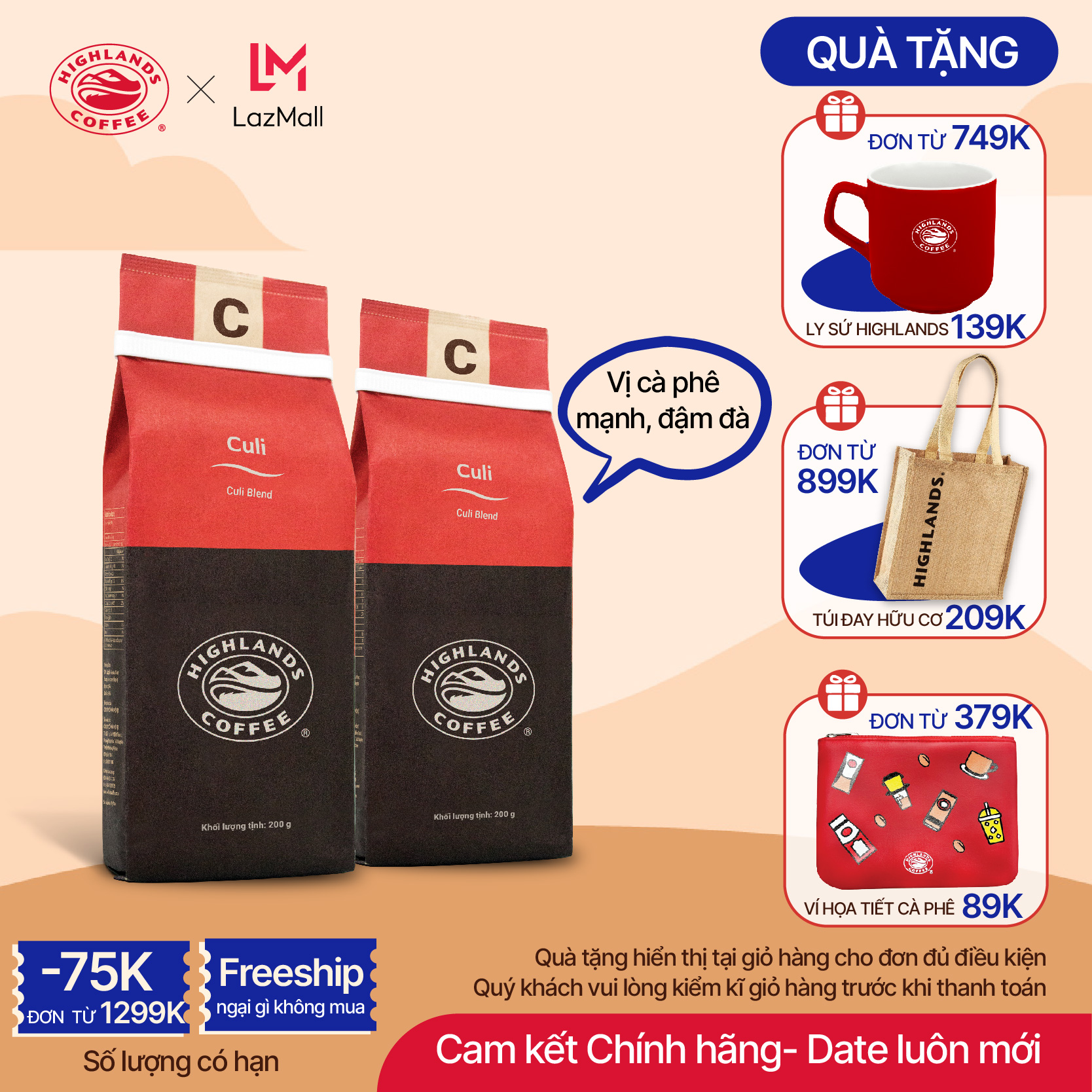 Combo 2 gói cà phê rang xay culi highlands coffee 200g