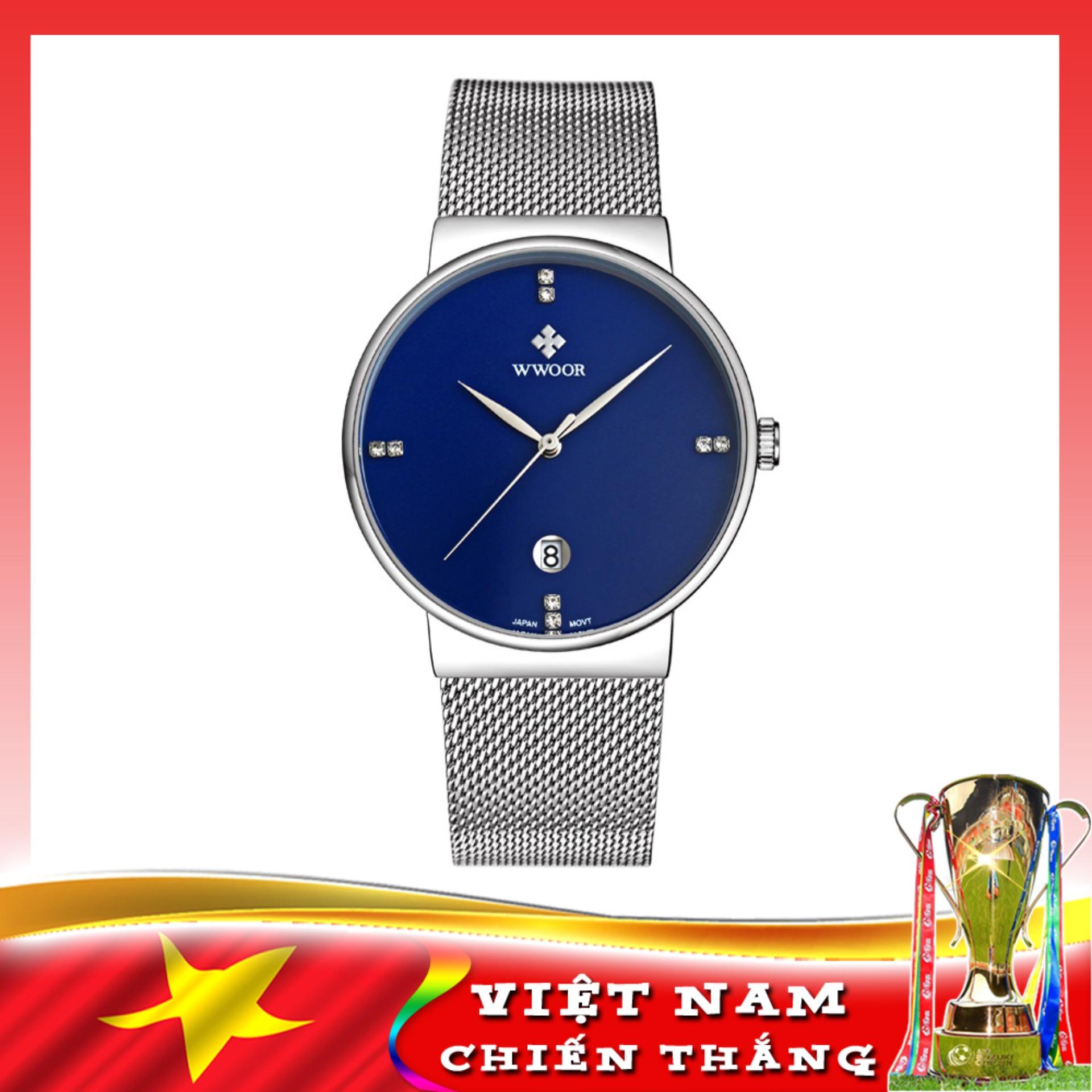 Đồng hồ thời trang nam WWOOR 8818 (Xanh) dây thép lưới sang trọng thanh lịch, tặng pin 626 SONY JAPAN