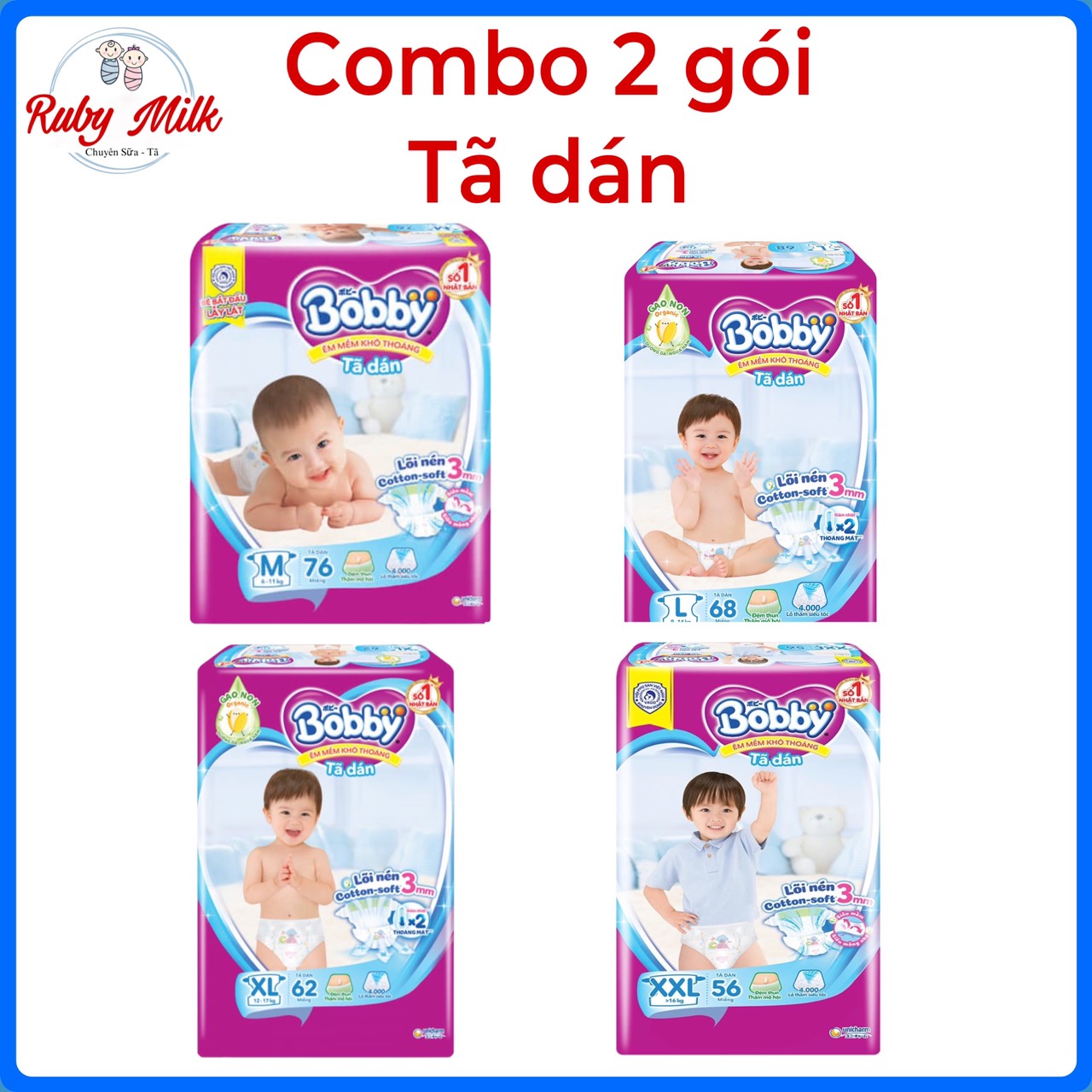 Combo 2 gói tã dán bobby đủ size