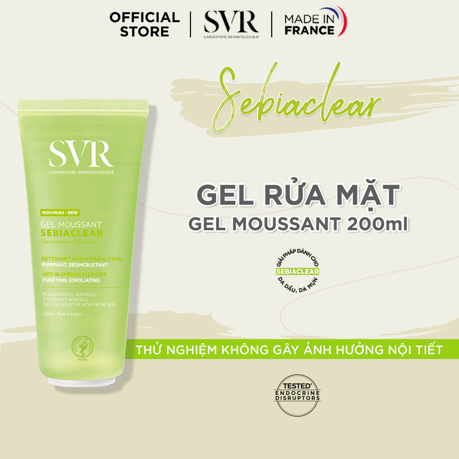 Gel rửa mặt không có xà phòng, làm sạch, loại bỏ tế bào da chết SVR SEBIACLEAR GEL MOUSSANT 200ml