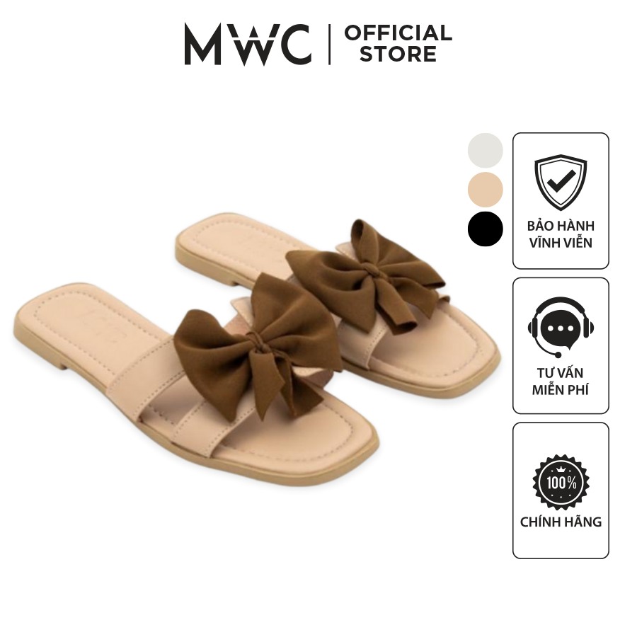 Dép Nữ Thời Trang MWC Đế Bệt Quai Ngang Đính Nơ Bánh Bèo Siêu Hot Màu Đen Kem Trắng NUDE- 8206