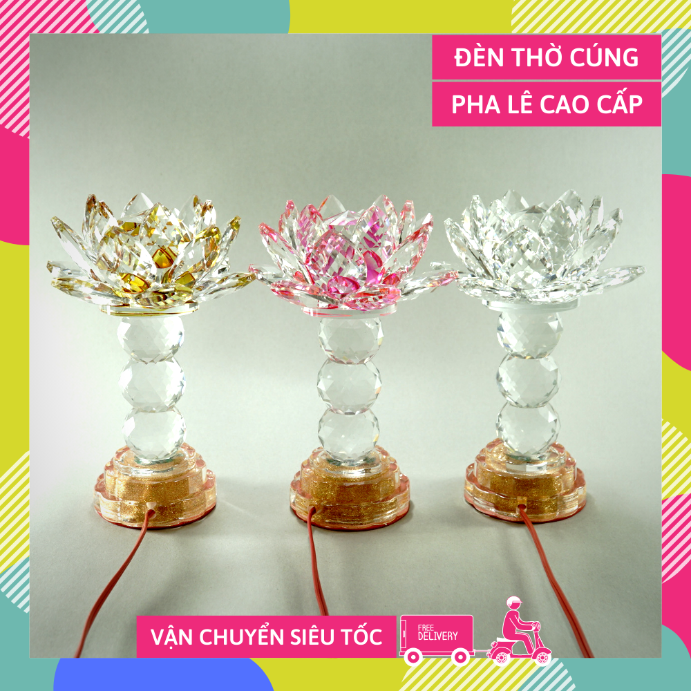[HCM]Đèn thờ Phật điện pha lê nguyên khối hoa sen đèn thờ led đổi màu trụ tròn tầng cao cấp - Cao 20cm