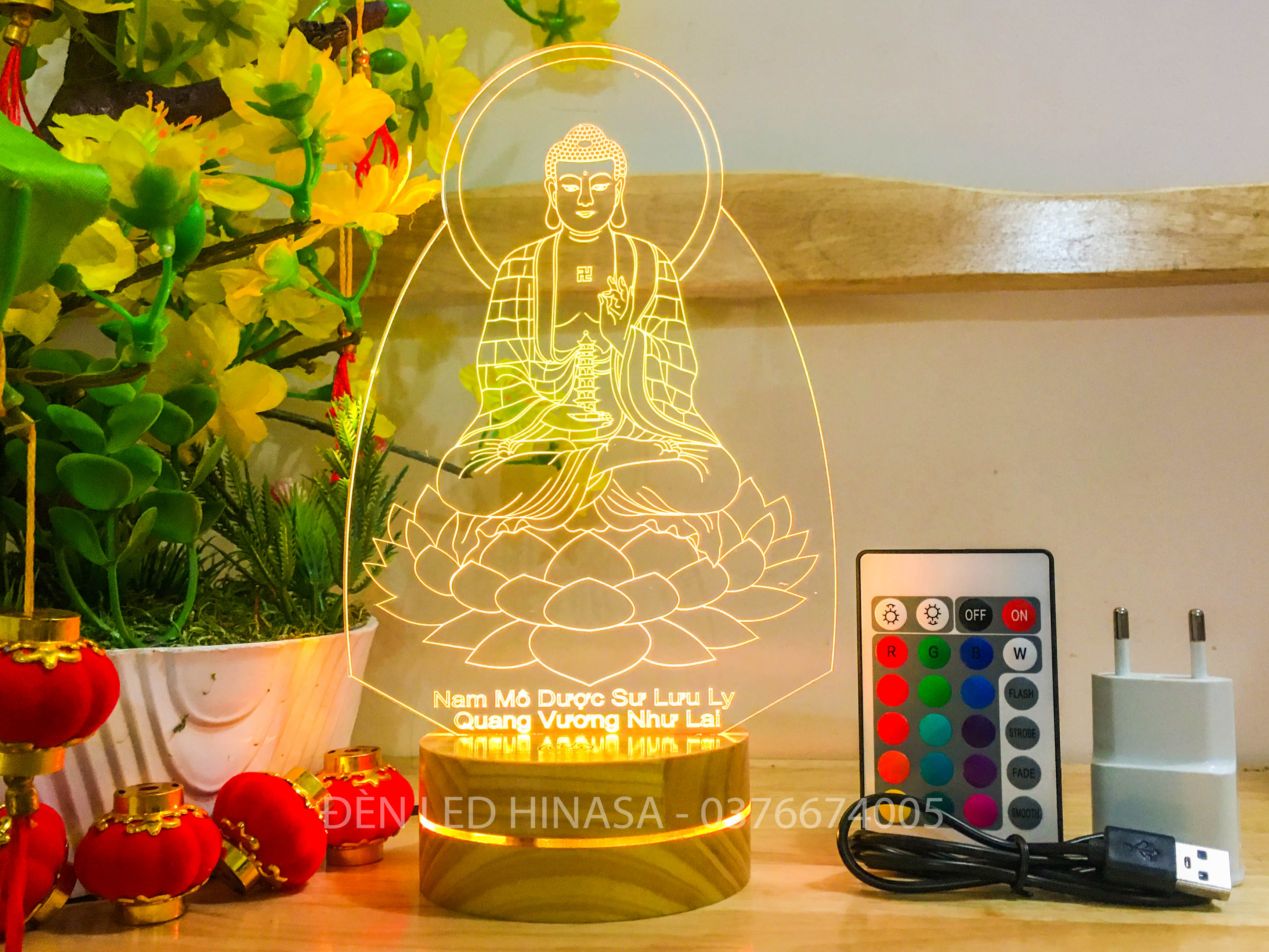 Phật Dược Sư  Đèn LED 16 màu Dược Sư Lưu Ly Quang Vương Như Lai cao 22cm