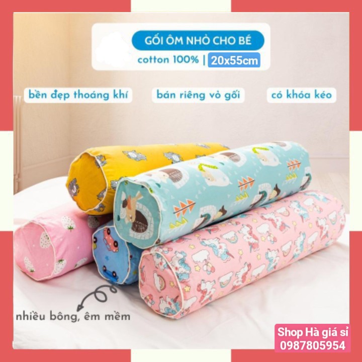 Gối ôm cho bé cotton 100%, vỏ gối ôm cho bé size 20x55 cm ruột gối bông gòn trắng