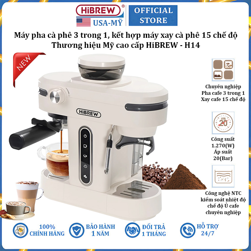 Máy pha cà phê bán tự động 3 trong 1 tích hợp xay cà phê 15 chế độ thương hiệu Mỹ cao cấp HiBREW H14 - Hàng Nhập Khẩu