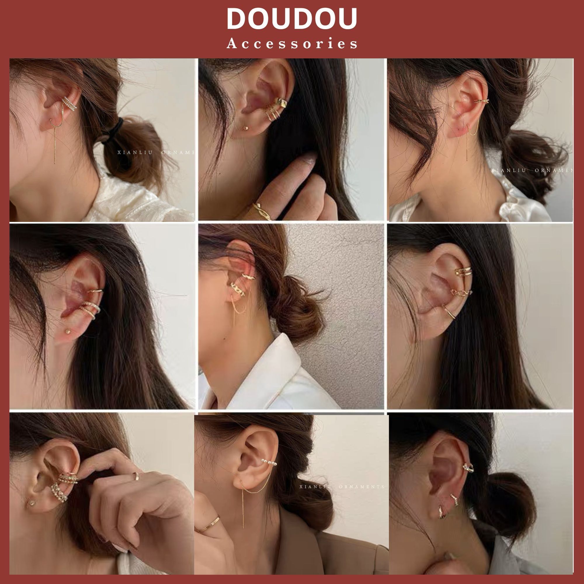 Bông tai kẹp vành Doudou Set khuyên tai Khuyên vành nữ chất liệu bạc 925 cá tính phong cách Hàn Quốc thời trang EH003