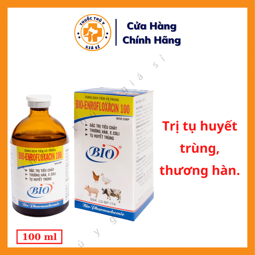"Hoàn tiền đến 10%" Bio Enrofloxacin 100 100ml - Dùng Cho Bệnh Tiêu Chảy, Thương Hàn, E.coli, Tụ Huyết Trùng - Thú Y Giá Sỉ