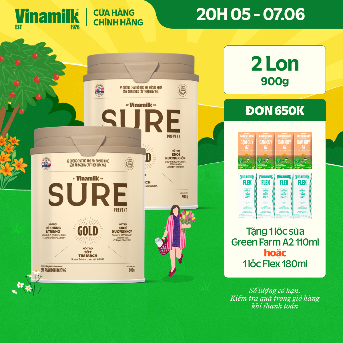 Combo 2 lon Sữa bột cho người lớn tuổi Vinamilk Sure Prevent 900g (Hộp thiếc)|