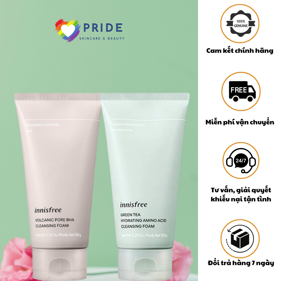 Sữa rửa mặt innisfree trà xanh & innisfree tro núi lửa giảm mụn đầu đen, bã nhờn - 150ml - chính hàng