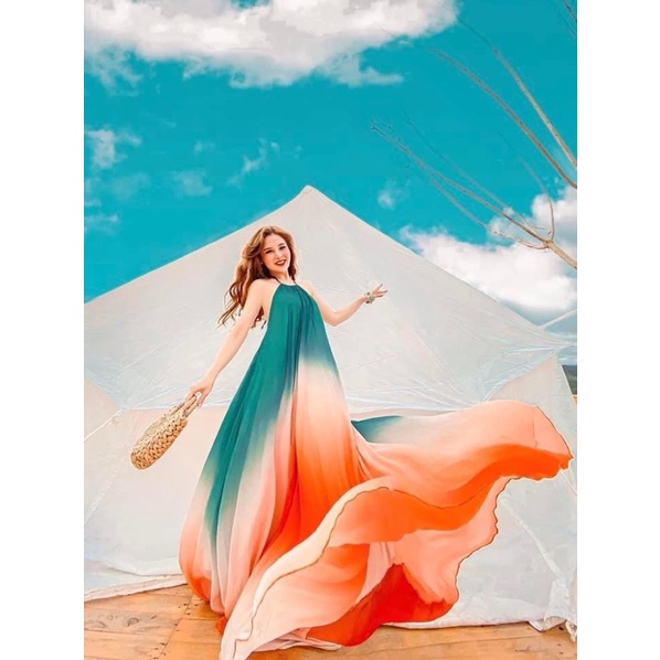 Đầm maxi đi biển cổ yếm, váy loang hở lưng xuông dài phối màu dây cột côt yếm - Maxi HQ store