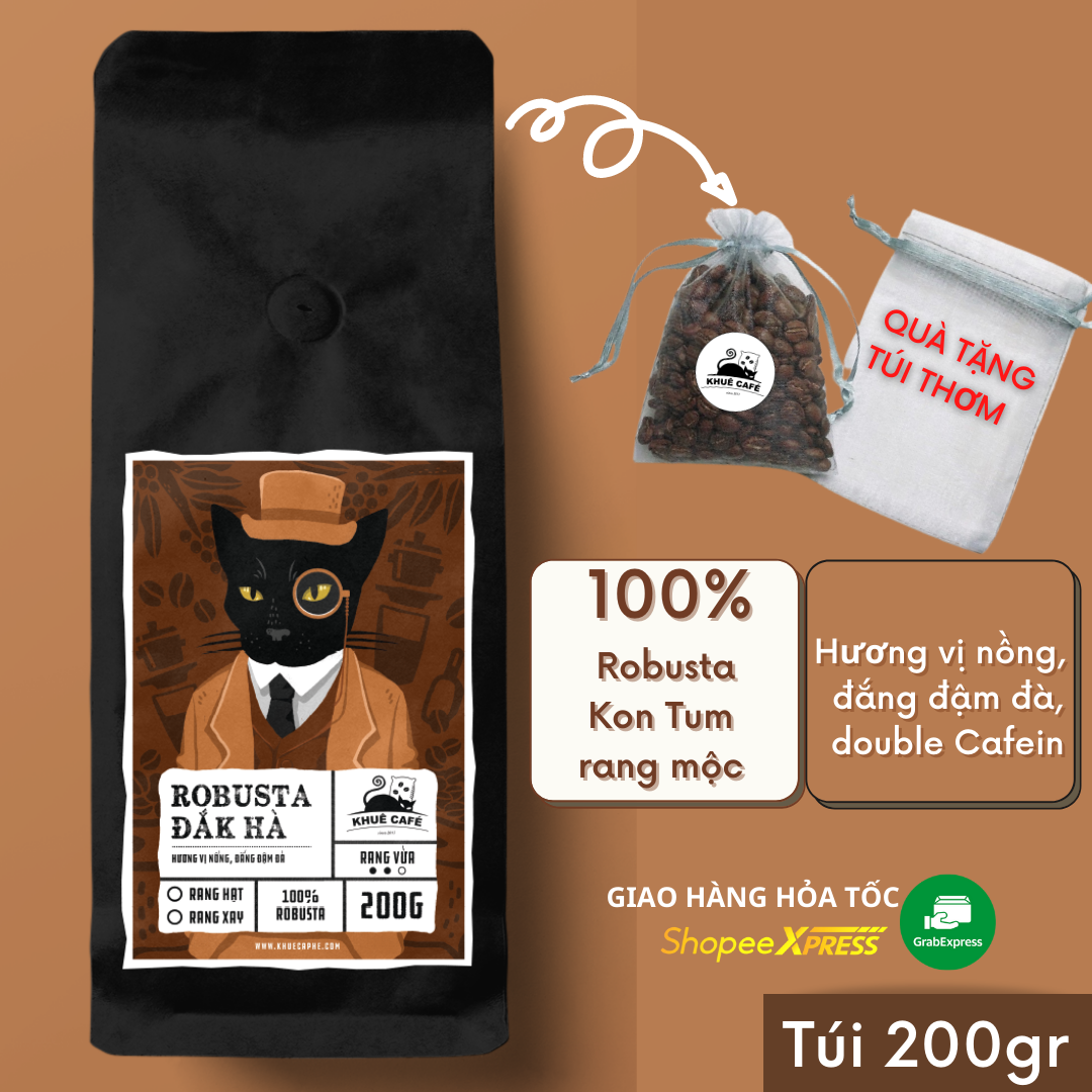 Cà phê nguyên chất 100% Robusta Đắk Hà rang mộc pha phin và pha máy từ Khuê Cà Phê
