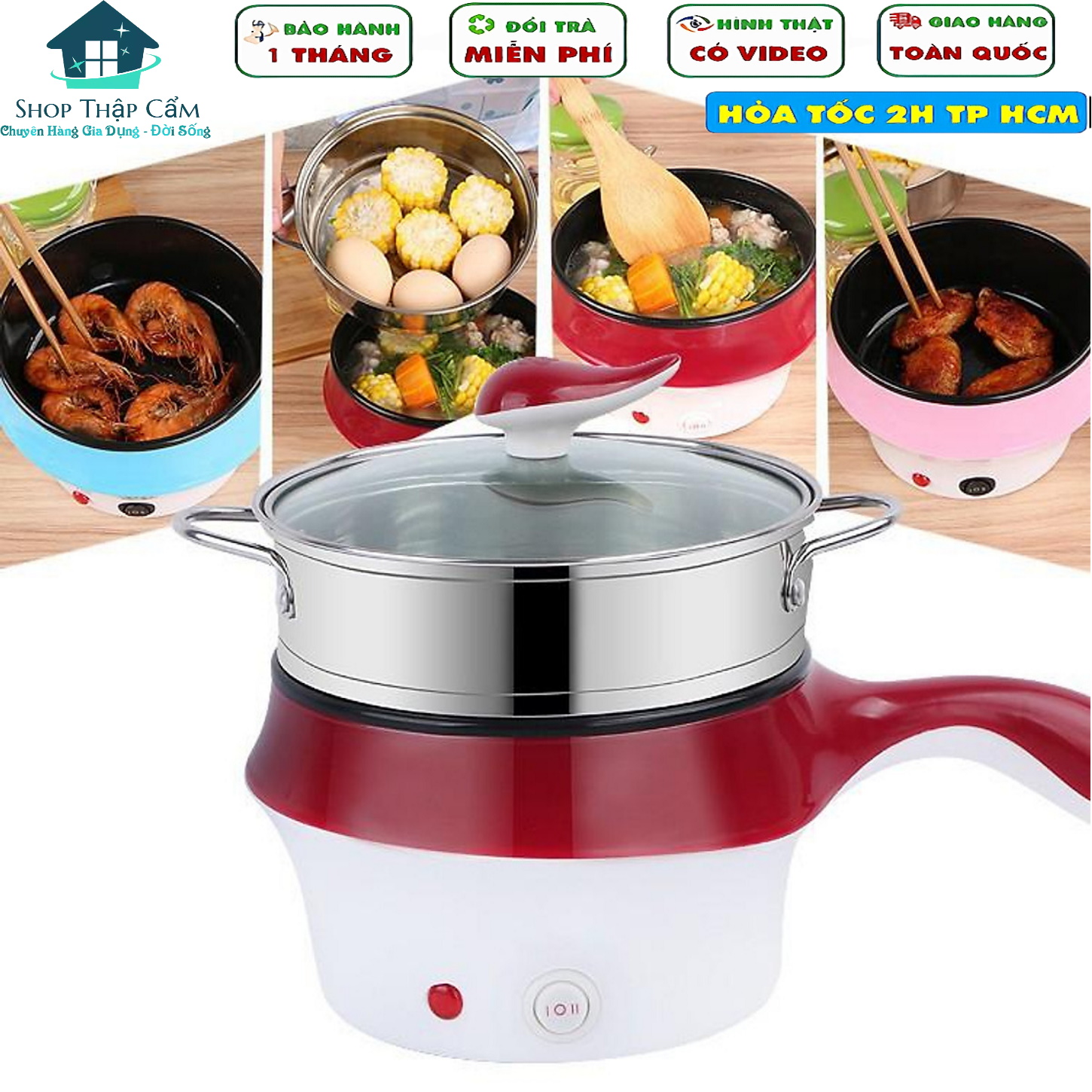 Nồi lẩu mini đa năng - ca nấu mì có tay cầm kèm xửng hấp inox cao cấp tiện dụng 18cm