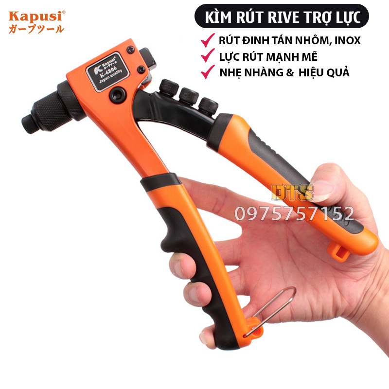 Kìm rút đinh tán công nghiệp Kapusi JAPAN 8inch, kềm rút rive trợ lực đinh rút nhôm, inox 2.4-4.8mm,