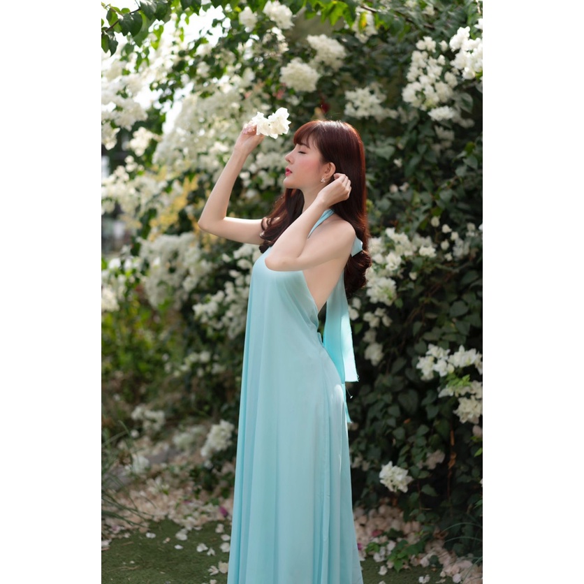 Đầm maxi cổ yếm 2 màu xanh vàng sang chảnh