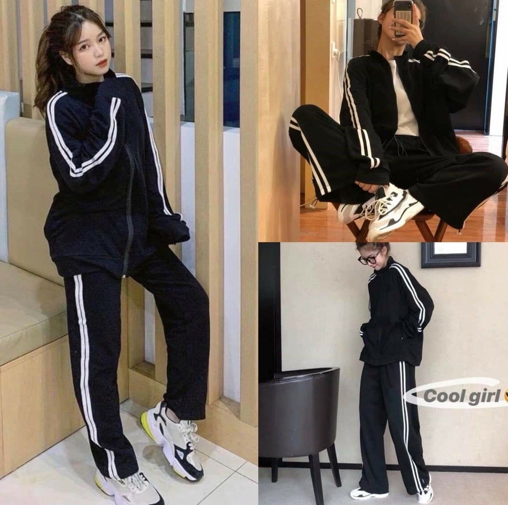Văn đức Fashion - Bộ Nỉ Kẻ Sọc Viền Thể Thao Unisex , Set Đồ Dài Tay Dáng Rộng Nam Nữ .