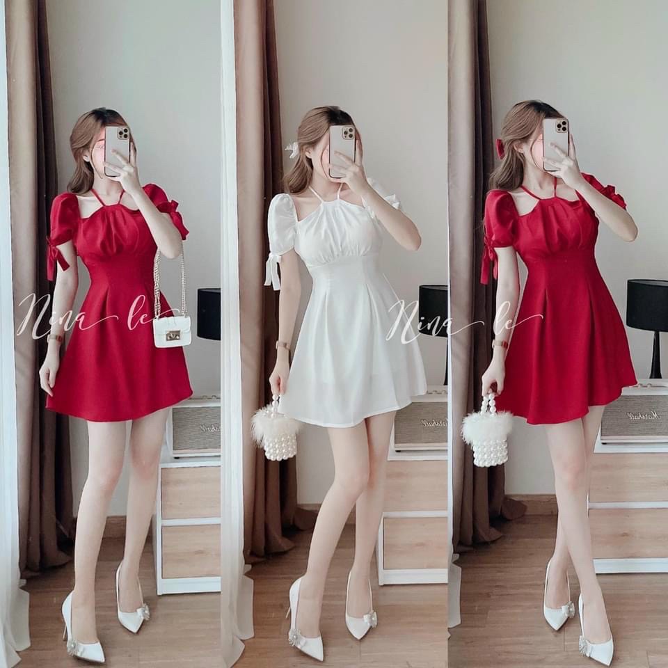 Đầm váy nữ cổ kiểu yếm tay ngắn buộc nơ