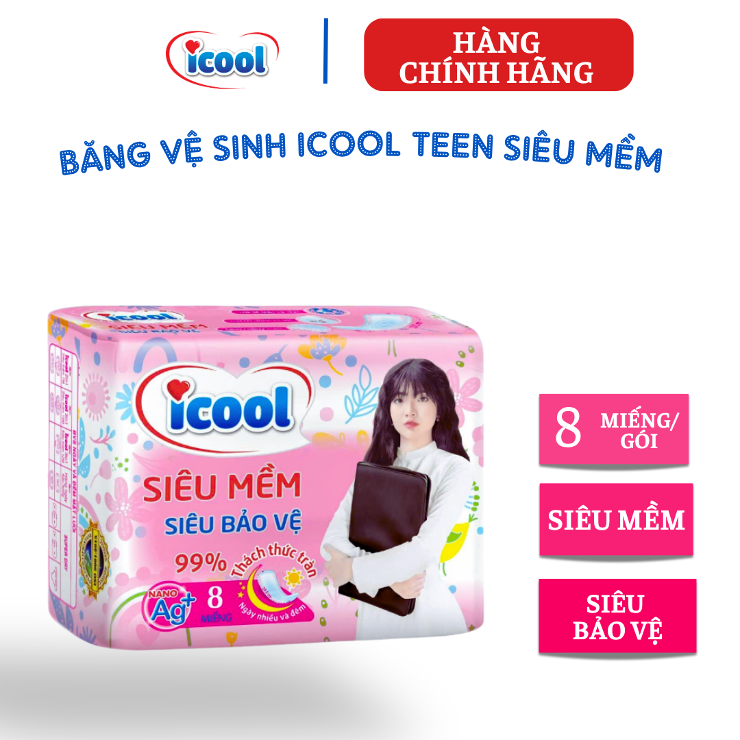 {Hàng chính hãng} Băng vệ sinh ICOOL TEEN siêu bảo vệ 8 miếng, BVS mặt vải  siêu mềm, siêu thấm hút.