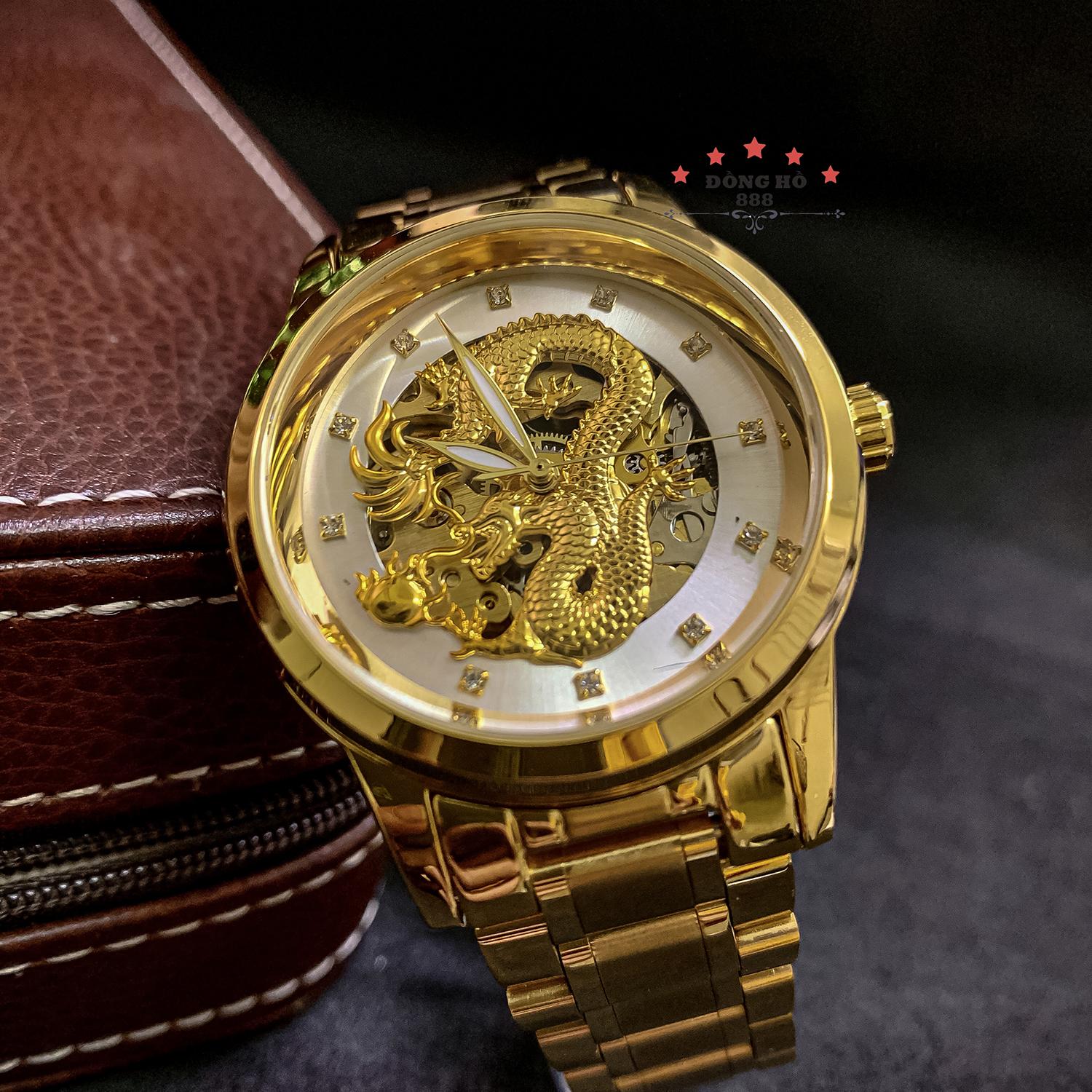 Đồng hồ cơ nam tevise automatic đồng hồ doanh nhân cao cấp 3d rồng vàng nam đồng hồ cơ tự động dây dạ quang retro nam phong cách của thời trang đồng hồ 9006 - dây vàng mặt trắng