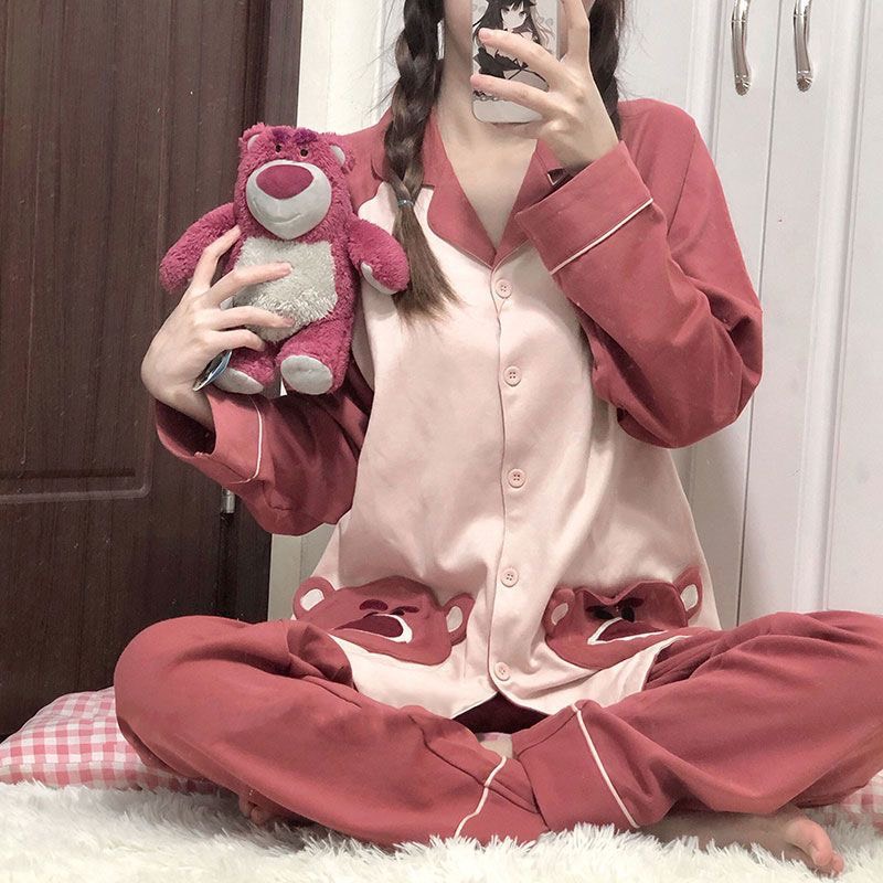 Bộ cotton quần áo dài gấu hồng siêu cute hàng qc đẹp