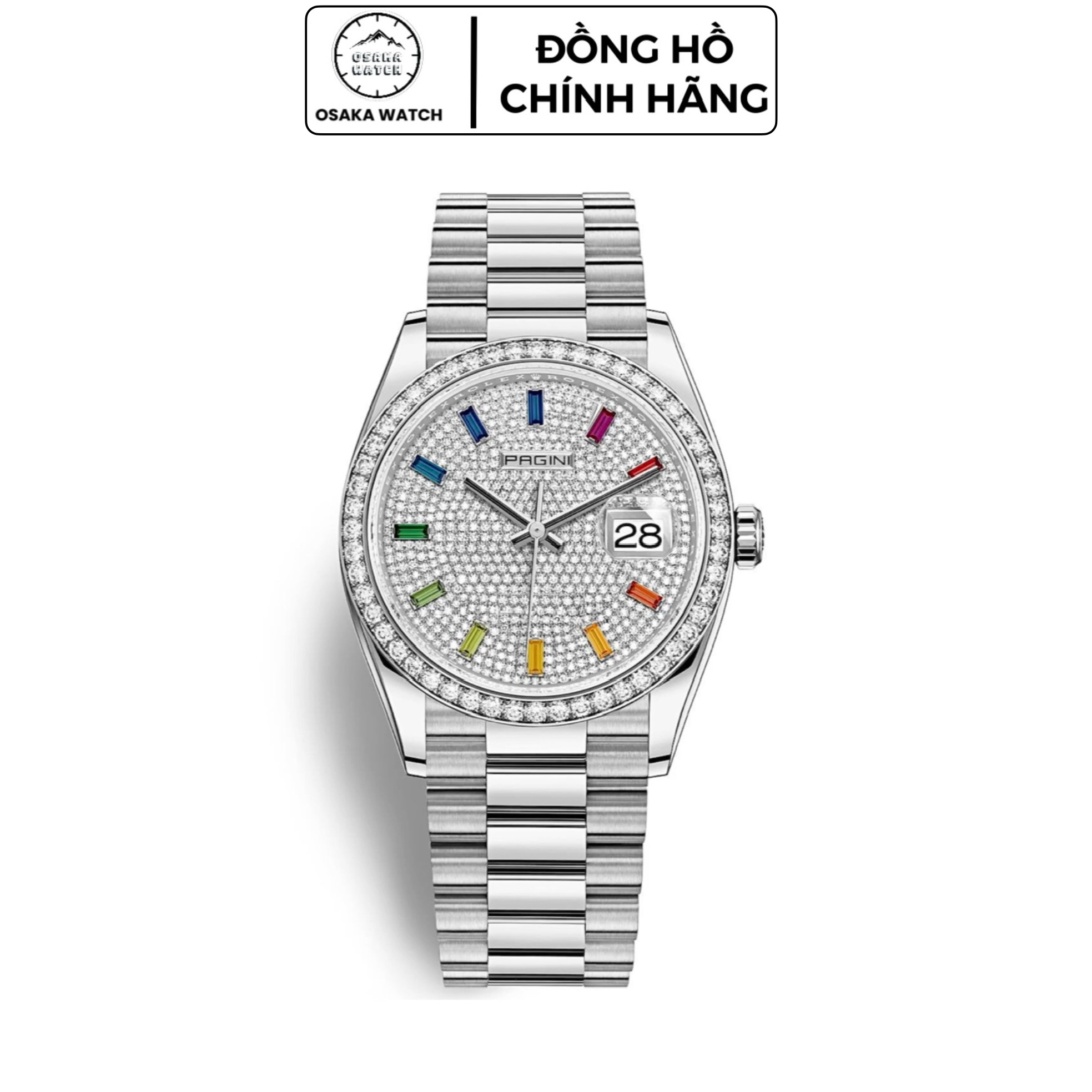 Đồng Hồ Nam Chính Hãng PAGINI 8855 Rainbow Đính Đá Dây Thép Không Gỉ Lịch Ngày Fullbox Cao Cấp