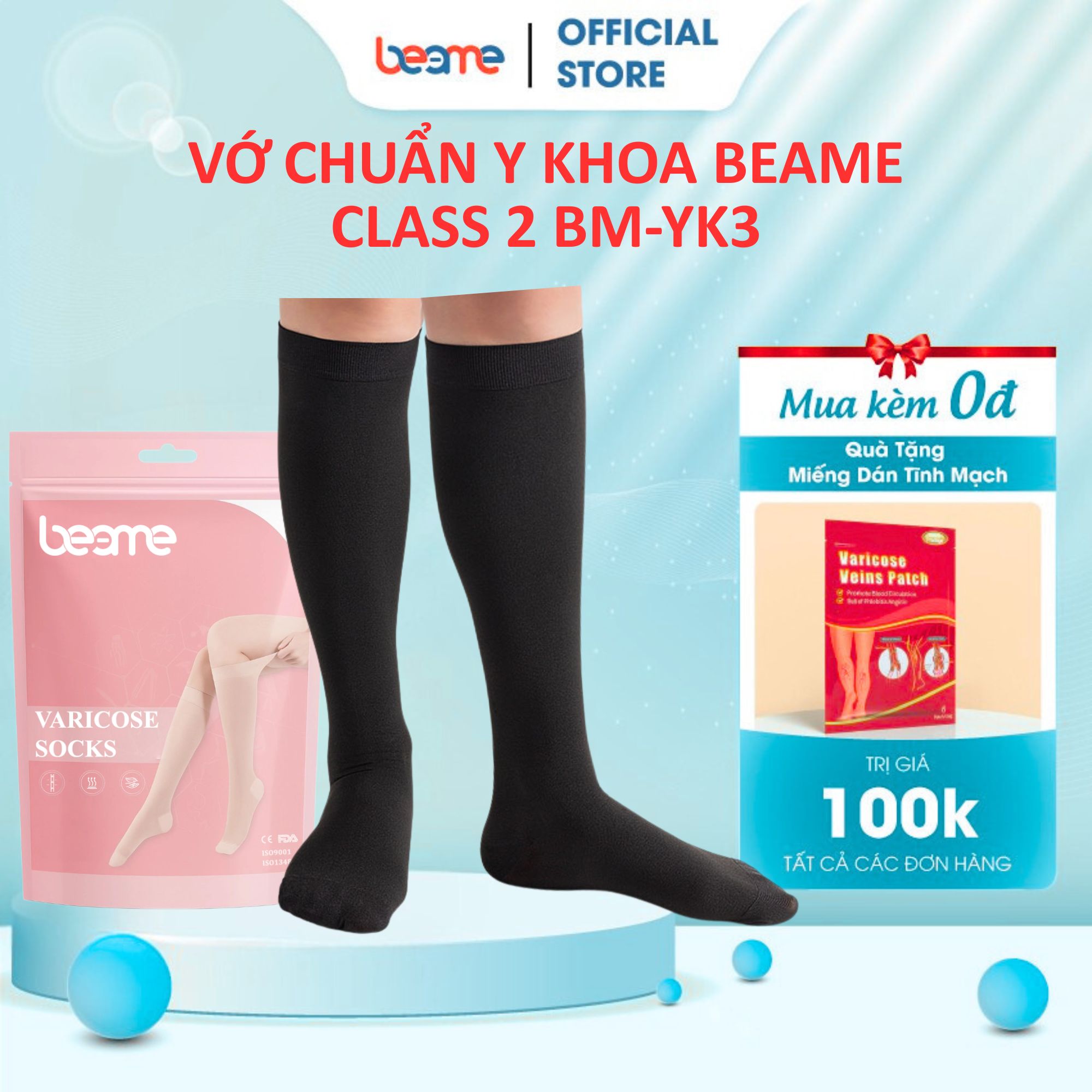 Vớ Y Khoa Suy Giãn Tĩnh Mạch - Beame - Tất Y Tế Bắp Chân, Bàn Chân Kín Ngón, Hỗ Trợ Cải Thiện Lưu Thông Máu Và Giảm Đau Nhức, Sưng Phù Chân BM-YK3 (1 Đôi - Class 2)