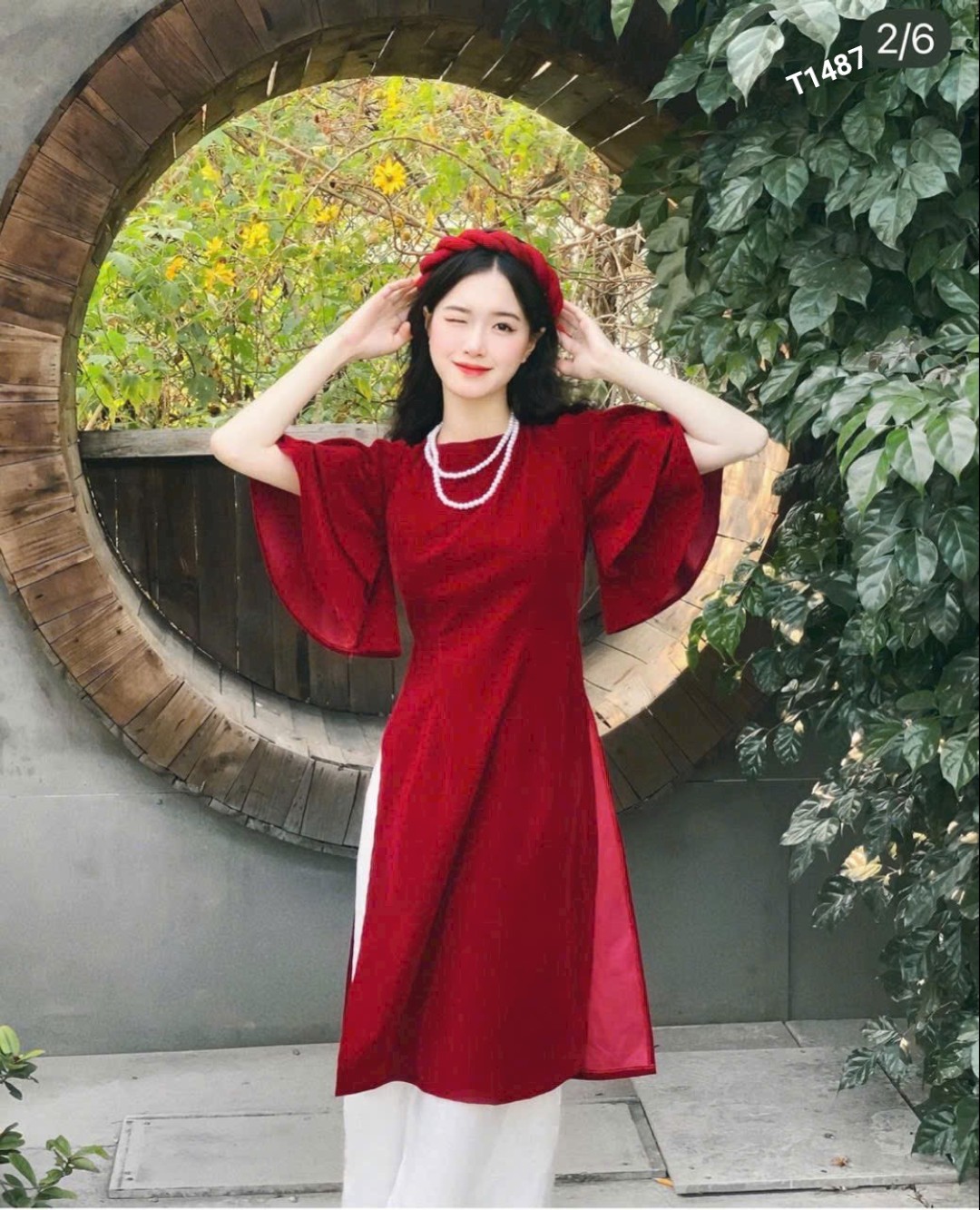 Set áo dài nhung tay bèo 2 lớp kèm quần tuyết nhung T1487