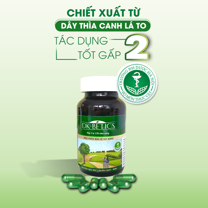 Viên tiểu đường dây thìa canh lá to DK Betics - DK Pharma, hỗ trợ hạ và ổn định đường huyết an toàn - Hộp 120 viên