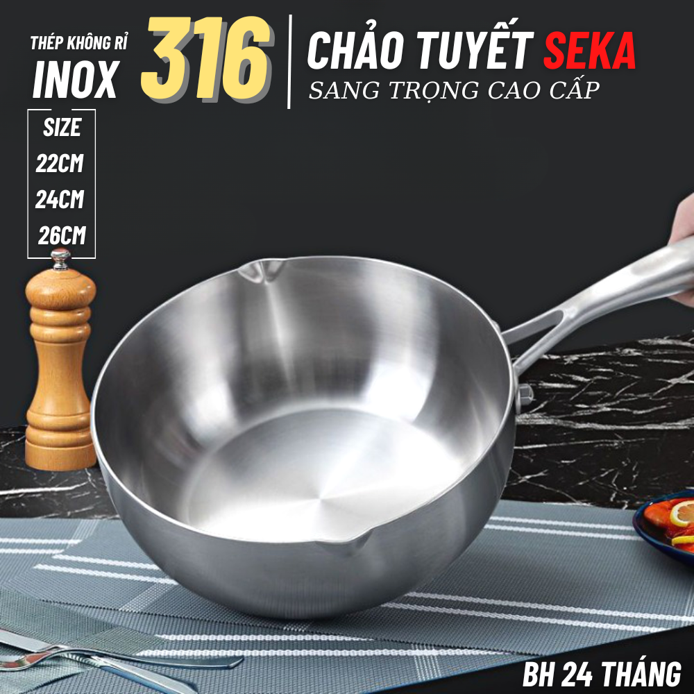 Chảo Tuyết INOX 304 Đúc Nguyên Khối SEKA Chảo Sâu Lòng Chiên Xào Siêu Chống Dính Dùng Cho Mọi Loại Bếp Size Từ 22cm 24cm 26cm