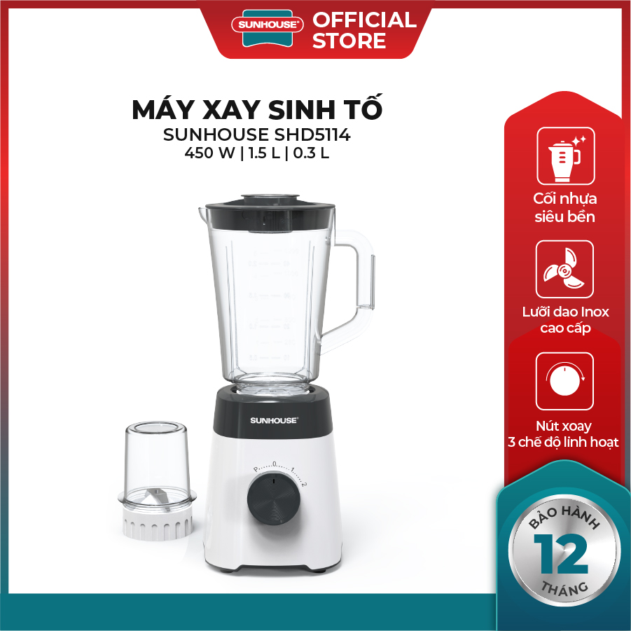 Máy xay sinh tố đa năng SUNHOUSE SHD5114 công suất 450W - Lưỡi dao inox SUS301cao cấp - Cối nhựa siêu bền an toàn cho sức khỏe