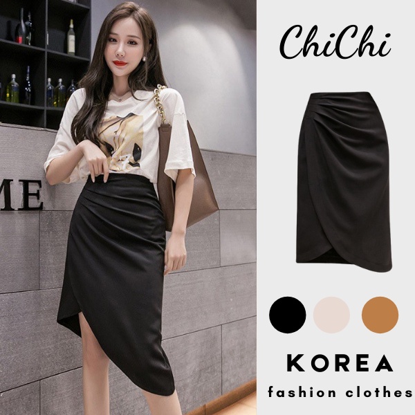Chân váy Midi dài xẻ tà chữ a nhún eo giấu bụng có 3 màu phong cách Hàn Quốc VD10