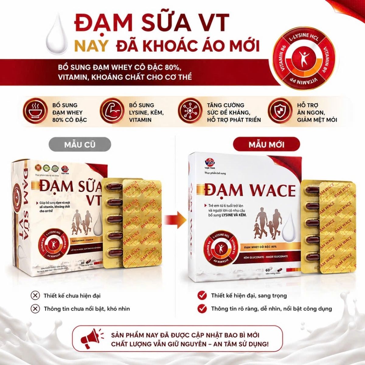 ĐẠM WACE – BỔ SUNG ĐẠM WHEY, ĐỒNG HÀNH CÙNG SỨC KHỎE MỖI NGÀY Khi chế độ ăn hằng ngày chưa cung cấp đầy đủ đạm, vitamin và khoáng chất, việc bổ sung dinh dưỡng phù hợp sẽ giúp cơ thể duy trì trạng thái khỏe khoắn và năng động hơn. Đạm Wace là thực phẩm