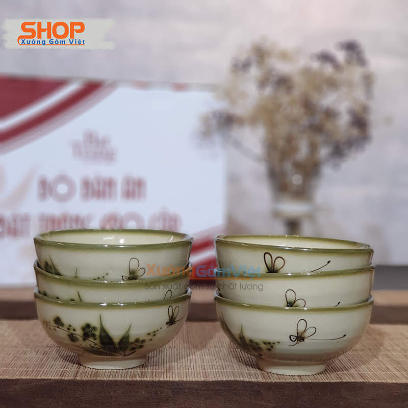 [Bộ 6 bát] Bộ bát cơm vẽ chuồn xanh đẹp xuất sắc thích hợp làm quà tặng - XƯỞNG GỐM VIỆT