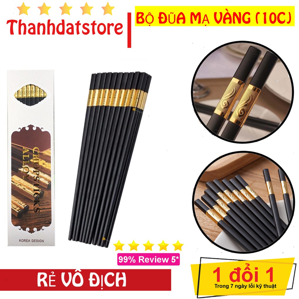 Hộp 10 đôi đũa ba lá mạ vàng - korea design dài 27cm