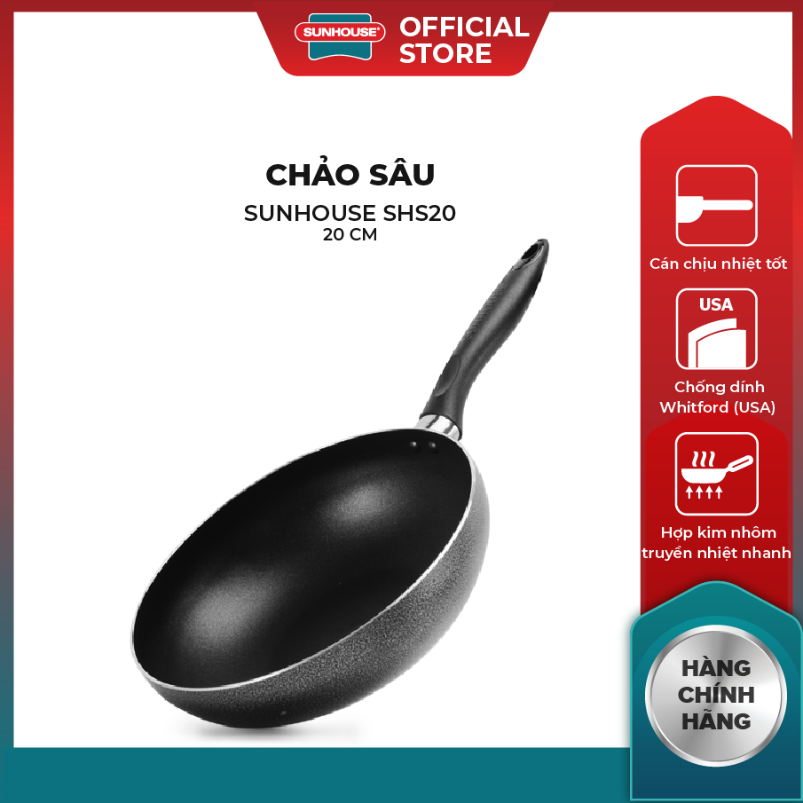 Chảo Sâu Chống Dính KHÔNG TỪ SUNHOUSE SHS20-24-26-28-30 - Chống dính Whitford (USA), An Toàn Với Sức Khỏe, Lòng Chảo Sâu, Bề Mặt Đường Kính Lớn, Phù Hợp Cho Mọi Gia Đình