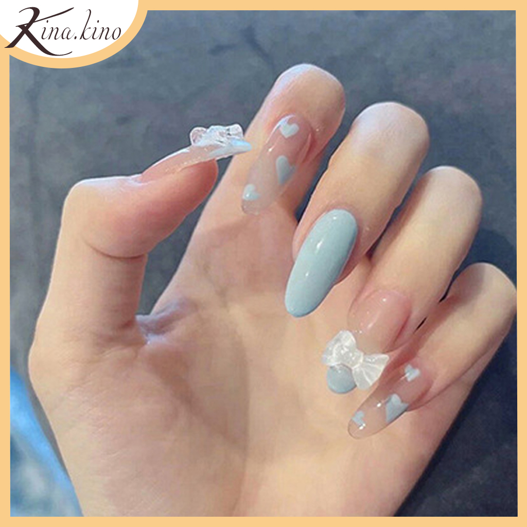 Hộp 24 móng tay giả cao cấp gắn nơ đá trắng phối xanh, móng tay giả gắn đá chống nước dùng được nhiều lần [Tặng keo+dũa]